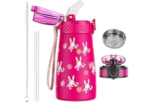 OLDLEY 350ml/12oz Borraccia per Bambini in Acciaio Inossidabile con Cannuccia per Scuola con 2 Diversi Coperchi Bottiglie d'acqua Isolate Sottovuoto in Metallo Fiaschetta per Bevande Fredde Calde Senza BPA