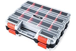 DEKO Screw Storage Organiser Tool Box Professional 34-Compartment Screw Box Organiser with Removable Dividers, Transparent Dual-Sided Screw Storage Case with Secure Latches for Hardware & Small Parts