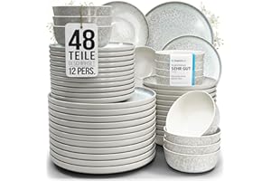 Steingut Geschirrset 12 Personen Ibiza 48 tlg. TESTSIEGER, Traumhaftes Mediterranes Steingut Geschirr Set, Schüssel- und Teller Set, Tafelservice 12 Personen, Geschirrsets Pure Living in Beige