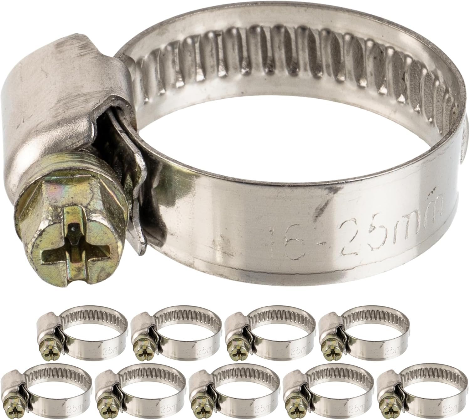 Asa de manguera profesional, accionamiento de gusano, rango sujeción 16-25 mm, paquete de 4, W2 acero inoxidable, hueco cruzado, ancho de banda 9 mm, conexión lavadora a sifón fijo, asas lavavajilla