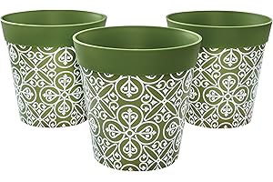 Hum Flowerpots, 15 cm, Lot de 3, Divers Motifs, Coloris et Tailles, Pots de Fleurs en Plastique Intérieur/Extérieur, Vert Maroc