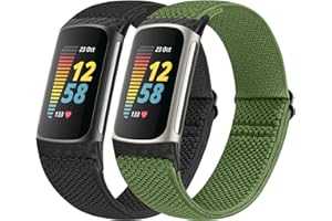 Vodtian Elastic Straps Compatible with Fitbit Charge 5 Strap, 2 Pack Stretchy Adjustable Nylon Loop Braided Replacement Sport Wristband for Charge 5 Activity Tracker Women Men