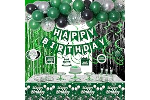 FUWANE Green Birthday Decorations for Men Boys, 72pcs Green and Black Party Decorations Women Girls with Green Happy Birthday Banner Tablecloth Fringe Curtains Confetti Balloons,Green Bady Party Supplies