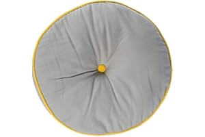 HOMESCAPES Grey and Yellow Round Floor Cushion Large Decorative Circular Children’s & Garden Seat Pad, Pre-Filled 100% Cotton Indoor and Outdoor Cushion, 43cm