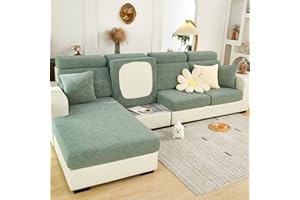 SHOWYLIVE Sofa Seat Cushion Covers- High Stretch Non-Slip Couch Sofa Cover 1-Piece Universal for 1 2 3 4 Seater L Shape Chaise Longue Sofa Slipcovers for Living Room Dogs Pet (Chaise Cover, Leaves Green)