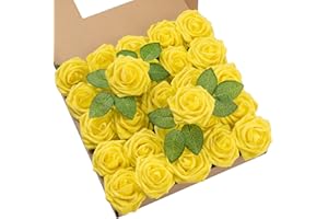 DuHouse Lot de 25 Roses artificielles avec tiges - Toucher réaliste - pour Bouquet de Mariage, fête prénatale, Centre de Table, Arrangement Floral, fête, décoration d'intérieur (Jaune)