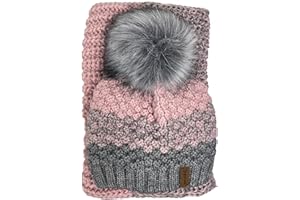 kennydoo Mütze & Schal Set I 2 teilig I Damen Kombi - Beanie mit großem Bommel und Loop I kuschelig gestrickt