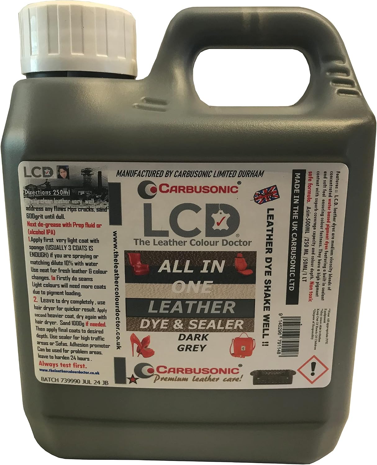 Carbusonic All in one Leather dye and sealant, Interior Leather Paint for Car Seats, Sofas, Arm Chairs, Shoes, Handbags & More. (Dark Grey, 500 ml)