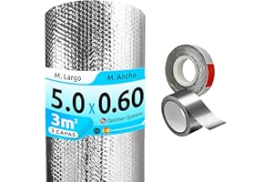OPTIMER SYSTEM Isolante termico multiuso | Riduce il freddo e il calore | Rotolo isolante termico riflettente per mansarda, finestra, parete, pavimento, soffitto, auto, garage, camper, 5 x 0,60 m | 3 m² + 2 nastri