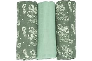 Trois Kilos Sept - Lot de 3 Langes bébé - Carrés de Mousseline Coton 70x70cm - Multi-usages: Couverture, Doudou, Bavoir, Protection Solaire - Certificié Oeko-tex - Motif Feuilles Vertes