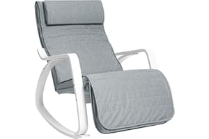 SONGMICS Sedia a Dondolo, Poltrona a Dondolo con Braccioli in Betulla, Poggiapiedi Regolabile a 5 Altezze, Portata 150 kg, per Soggiorno Camera da Letto, Grigio Chiaro e Bianco LYY11WG