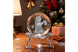 ZEERSHEE 2.3in 3D Cat Crystal Ball Laser Engraved Cat Reading a Book Cats Themed Decor Whimsical Gifts for Cats Lovers