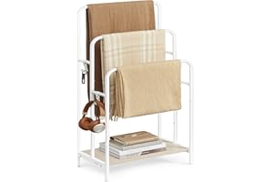 VASAGLE Porte Serviette Salle de Bain, Range Serviette, sur Pied, 3 Barres, 50 x 30 x 100 cm, 2 Crochets, Étagère de Rangement, Blanc Mat et Beige Naturel LLS009W01