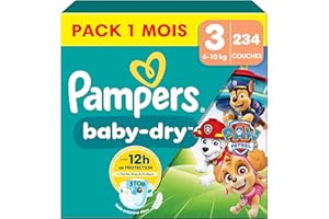 Pampers Baby-Dry, Taille 3, 234 Couches, 6-10kg, A La Rescousse Contre Les Fuites Grâce A Une Protection Intégrale Jusqu'à 12h, Edition Limitée avec La Pat’Patrouille, Pack 1 Mois