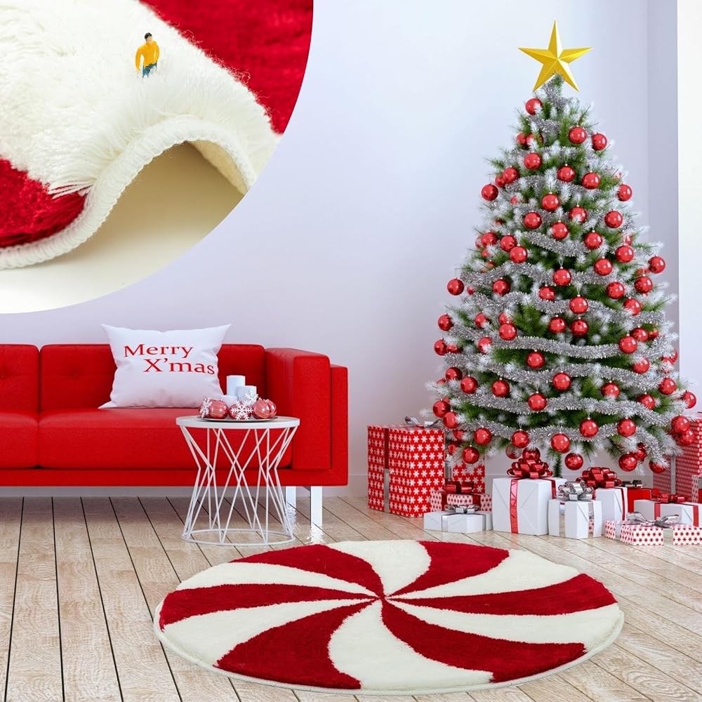 Beyond Deco El Dokuması Noel Kırmızı Lolipop Halı 67,5 cm, Eğlenceli Tatil Kabarık Alan Halıları, Tatlı ve Sevimli Noel Ev Mutfak Dekor Mat, Kaymaz Yıkanabilir Halı