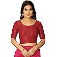 Amazon Brand - Anarva Round Neck Dobby Cotton Lycra Stretchable Elbow Half Sleeve Readymade Saree Blouse for Women Stylish