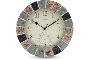eYotto 10 Inch Indoor/Outdoor Waterproof Wall Clock with Thermometer Silent Non-Ticking Battery Operated Wall Clocks Weatherproof for Patio, Pool, Garden, Lanai, Fence, Porch, Deck, Bathroom
