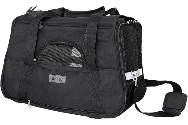 lionto Caisse de Transport Pliable pour Chien avec poignées et bandoulière, 48,5x27x31,5 cm, en Tissu Oxford Robuste et Maille, Caisse pour Chat avec Coussin Doux, idéale pour l’Avion, Noire