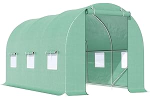 Outsunny Gewächshaus 445x200x200cm Foliengewächshaus Tomatenhaus mit Tür, 6 Fenster, Folientunnel aus verzinktem Stahl, PE, stabiles Treibhaus Pflanztunnel, inkl. Erdanker & Seilen, Grün