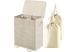 Lifewit Tvättkorg med Lock och Avtagbara Tvättpåsar, Stor Hopfällbar Laundry Basket med 2 Fack och Handtag för Sovrum, Tvättstuga, Garderob, Badrum, Studentrum, 136L