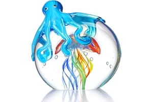 HDCRYSTALGIFTS – Figurines en verre colorées de pieuvre et méduse de 12,7 cm fabriquées à la main, décoration en verre soufflé, ornement en forme d’animal marin, sculpture artistique pour aquarium à