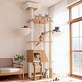 Hey-brother Wooden Cat Scratcher with 2 Platforms Cave, MPJ121BT | 184 cm Cat Tree, Hammock, Basket, Pet Brush, Sisal Stairs,