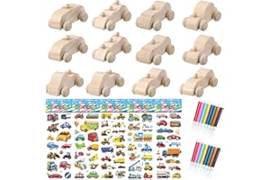 Allazone 12 PCS Wood DIY Car Unfinished Wooden Cars, Wooden Car Crafts with 5 PCS Sticker and 16 PCS Color Pen (01-12PCS, Wood Color)