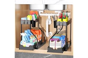 FAMKEEP Organizador Bajo Fregadero 2 Niveles, Organizador de Cocina Fácil de Empujar y Tirar,Almacenaje Bajo Fregadero con 8 Ganchos y 2 Cesta,Negro