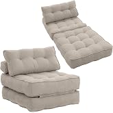 HOMCOM Sofa Bed 1 Seater Convertible 3 in 1 Folding Floor Chair Cream | Linen Sofa Bed, 2 Pillows, Thick Padded, Frameless, L