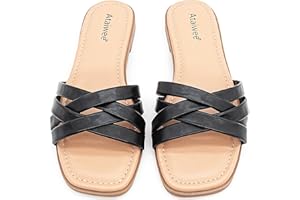 Ataiwee Women's Wide Width Flat Slide Sandals - Casual Criss Cross Strap Ladies Summer Shoes.