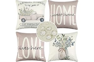 ETOLISHOP Funda Cojin 50x50 Fundas de Cojines Exterior Impermeable Fundas de Almohada Linaza Camión Florero Hojas Verdes Rústica Fundas Cojines para Sala de Estar Sofá Interior Exterior Decoración del Hogar