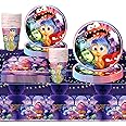 Inside Birthday Decorations Out Balloons, 61Pcs Gaming Party Decorations, Party Supplies-20pcs Wrapping Paper, 20pcs Cups, 20pcs Paper Plates, 1 Table Cloth Party Bags Vedio Game Balloons for Kid Fans