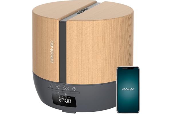 Cecotec Diffuseur d'Arômes PureAroma 550 Connected Grey Woody. Capacité 500 ml, Écran LED, Haut-parleur, Contrôle par Bluetooth, 3 Modes de fonctionnement, Minuterie 12h, Couverture 30 m²