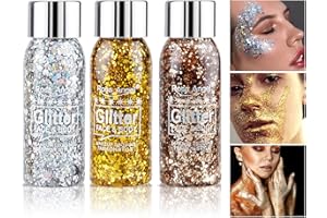 Katiluxiya 3 Pack Body Glitter Gel, Face Glitter Body Gel Singer Concerti Trucco, Chunky Paillettes Glitters per Eye Lip Body Hair Nail, Festival Rave Accessori Halloween Makeup (02 Set)