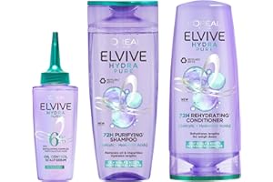 L'OREAL PARIS L’Oréal Paris Elvive Hydra Pure Routine for Oily Roots, Scalp & Dehydrated Lengths, Powered with Hyaluronic & Salicylic Acids, Exfoliating Pre-Shampoo Scalp Serum, Shampoo & Conditioner Set