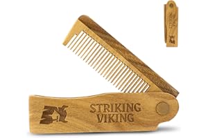 Striking Viking Folding Wooden Beard, Hair & Moustache Comb – Pocket-Sized Sandalwood Grooming Tool for Everyday Use with Balms & Oils