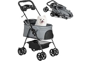 PawHut Cochecito para Perros Plegable Carrito para Perros Pequeños con Ruedas Universales Cesta de Almacenaje Correas de Seguridad y Ventana 67x45x96 cm Gris