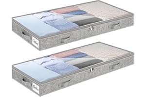 KUKIKAN Underbed Storage Bags 2 Pack, 10cm Tall Large Under Bed Storage Box with zip, Foldable Shallow Wardrobe Storage Organiser with Clear Window & Reinforced Handle for Clothes, Blankets, Shoes, Bedding