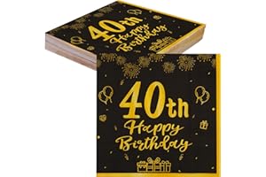 TOPWAYS 40años cumpleaños decoraciones servilletas, 40 unidades servilletas de papel oro negro para fiesta de decoración