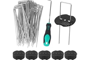 CAIXINYI Set di Picchetti Giardino, 50 Picchetti Telo Pacciamatura zincato + 50 rondelle + 1 gancio, Adatto per il fissaggio di teli anti erbacce, membrane anti erbacce, erba sintetica e tende da campeggio