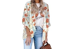 Hibluco Cárdigan tipo kimono floral para mujer, informal, de gasa, suelta, para la playa