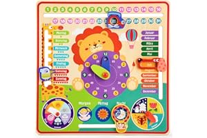 Atoylink Reloj de aprendizaje para niños, madera, tablero de aprendizaje, reloj de calendario, idioma alemán, juguete educativo, juguete Montessori, juguete para niños pequeños, 3, 4, 5, 6, 7 años