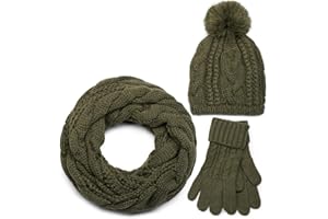 styleBREAKER Schal, Mütze und Handschuh Set, Zopfmuster Strickschal mit Bommelmütze und Handschuhe, Damen 01018208