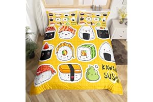 HOMEMISSING Bambini Sushi - Parure da letto 140 x 200 cm, in stile giapponese, per ragazze, motivo: Sushi giapponesi, copripiumino traspirante in griglia gialla, con motivo a quadri Room Decor