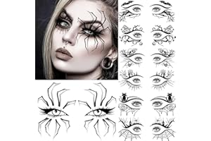 COKTAK 7 Sheets Halloween Eye Shadow Temporary Tattoos For Women Men Kids Adults, Scary Face 3D Spider Web Tattoo Stickers, Cat Zombie Skull Bat Eyeliner Fake Tattoos Halloween Makeup Accessory