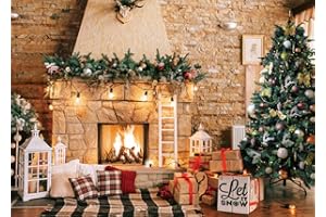 AIIKES 10x8FT Fondali natalizi per fotografia Natale Camino Fondali fotografici Vinile Albero di Natale Fondale fotografico Photo Booth Studio Props 11-784