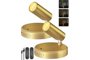 EZVALO LED Spotlight Indoor, 5500mAh Rechargeable Battery Uplighting Indoor, Wireless Mini Art Accent Spot Lights with Remote, for Plants Display Painting Dartboard Artwork Portrait Closet(2Pack-Gold)