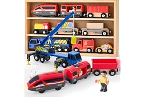 Atoylink Train Set Toy Cars Motorized Locomotive Wooden Trains Magnetic Collection Play Vehicles Montessori Educational Toys Gifts for Boys Kids 3-6 Years Old