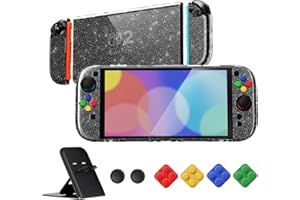 playvital pour Switch 2 Coque avec Cover Grip pour Joycon,Coque Protection Dockable pour Nintendo Switch 2 Support & Capuchon Joystick & Caps Boutons-Argent Clair Glitter