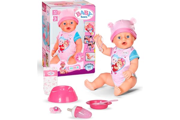 BABY born Emma - Bébé poupée de 43 cm - 10 Fonctions y Compris Accessoires & grenouillère - Fonctionne entièrement sans Piles - Convient aux Enfants à partir de 3 Ans
